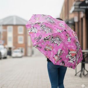 Ed Hardy Pink Skulls “Love Kills” Graphic Umbrella